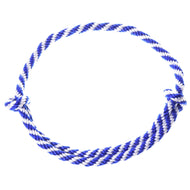 The Hobby Horse LarDen Cordeo blue stripe is a blue and white twisted rope with simple knots at each end, ideal for bridleless riding or hobby horse play, shown coiled on a white background.