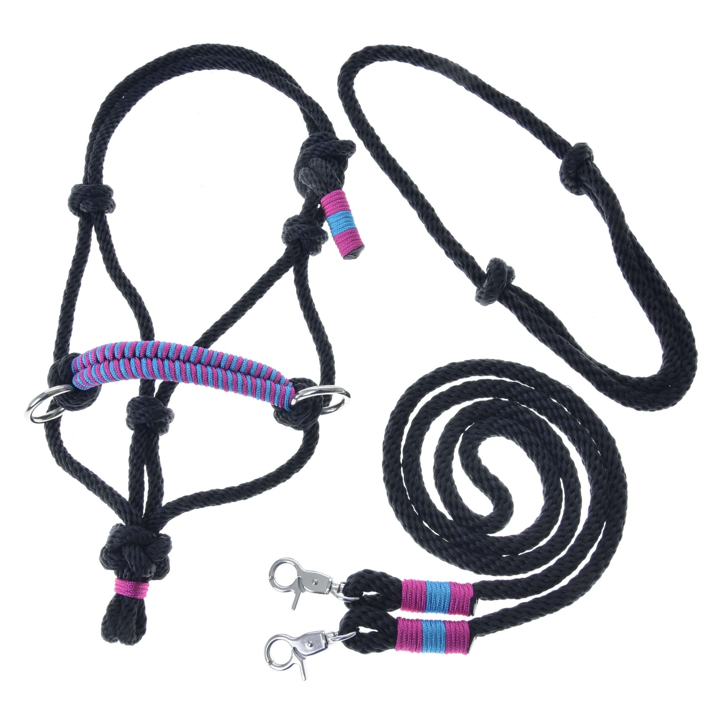The Hobby Horse LarDen Rope set Princess includes a black rope halter and lead with pink and blue accents, multiple knots, metal rings, and two metal clips—perfect for riding or hobby horse fans. Displayed neatly on a white background.