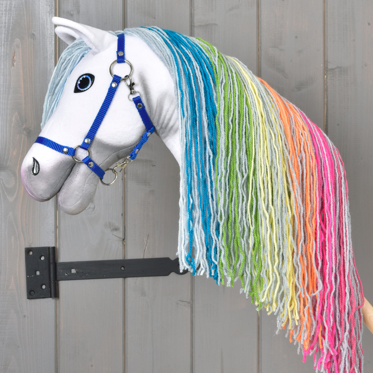 Hobby Horse LarDen Hobby Horse Rainbow New avec bride bleue et longue crinière arc-en-ciel en fil, suspendu à un support mural sur fond en bois, apportant une touche féerique à la pièce