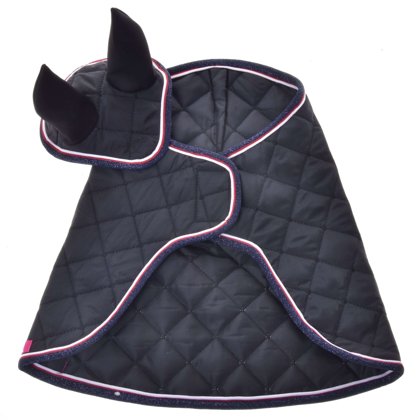 Set Royal von Hobby Horse LarDen ist ein schwarzes gestepptes Pferde-Accessoire mit Ohrenhaube, eingefasst in Rosa und glitzerndem Blau – ideal als stilvolles Decken- oder Fliegenhauben-Set.