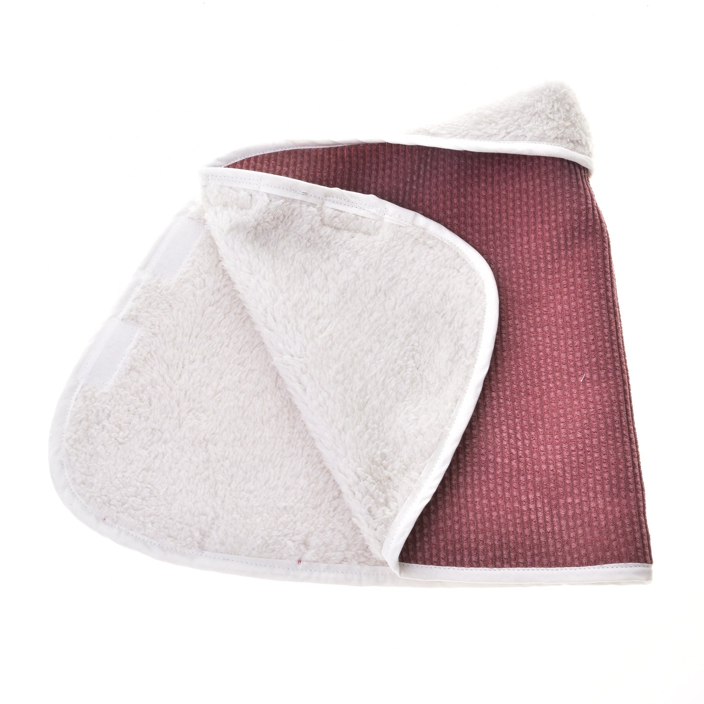 The Hobby Horse LarDen Set Manchester Tea Rose features a folded cleaning cloth with a maroon textured side and soft white side, trimmed in white—perfect for keeping your horse’s blanket or ear bonnet spotless.