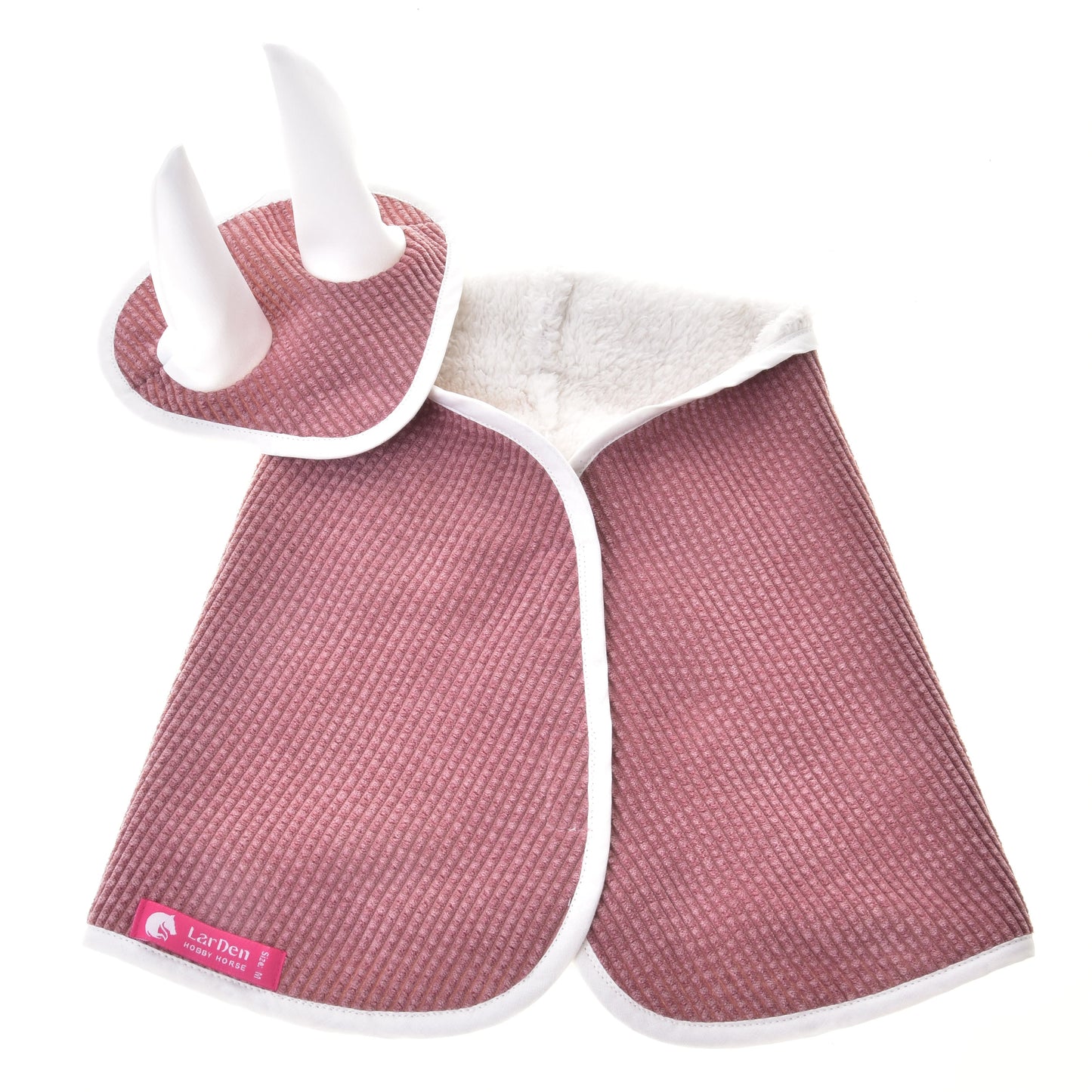 The Set Manchester Tea Rose by Hobby Horse LarDen is a pink textured pet costume with white trim, including a cape and an ear bonnet headpiece with two white horns, shown on a white background.