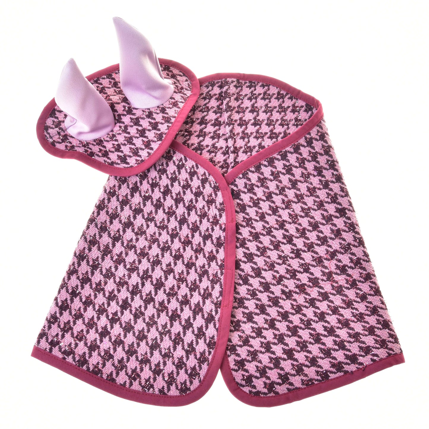 Ensemble festif Bordeaux de Hobby Horse LarDen, ensemble en tissu à motif pied-de-poule rose et noir avec bordure rose foncé, avec capuche à deux oreilles de lapin rose clair, idéal comme couverture ludique pour Hobby Horse ou comme ensemble de bonnet d'oreilles amusant.