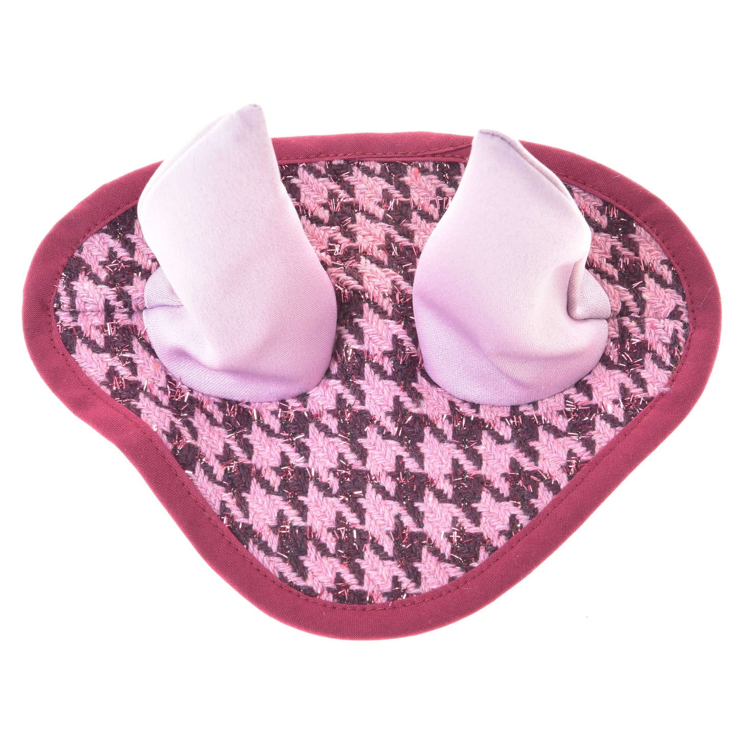 Ensemble festif Bordeaux de Hobby Horse LarDen, pièce de tissu rose à motif pied-de-poule avec formes douces rappelant des oreilles rose clair et bordure rose foncé, idéale comme ensemble de bonnet d'oreilles ou décoration pour votre couverture de Hobby Horse.