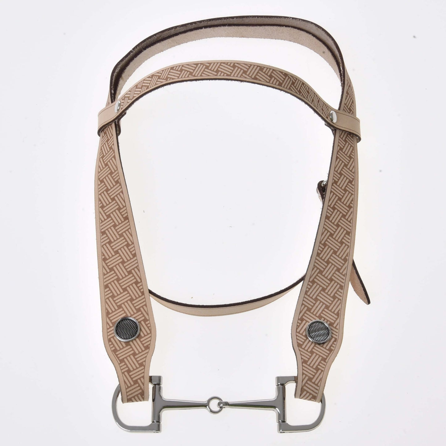 Bride Western Classique de Hobby Horse LarDen en cuir beige de haute qualité avec motif géométrique, deux clous ronds en métal et mors métallique, présentée sur un fond blanc.