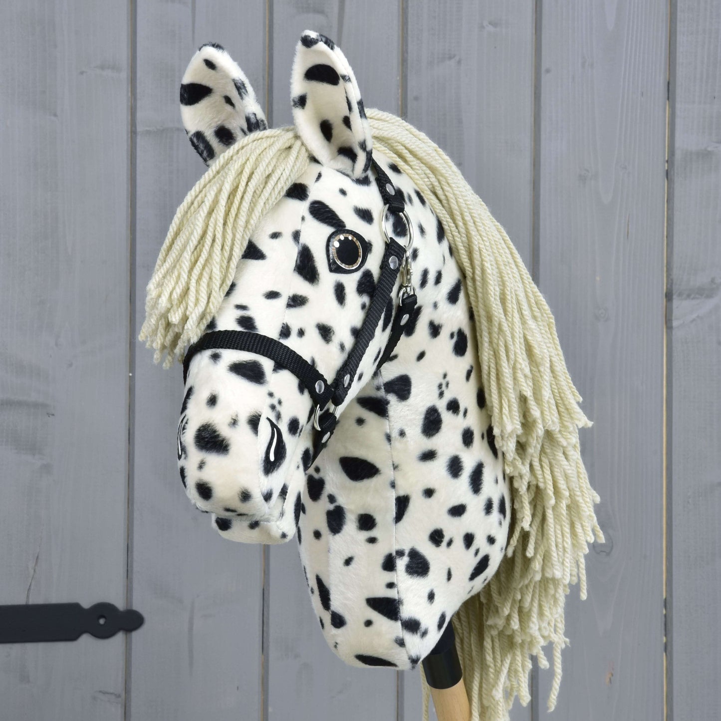 Hobby Horse Lord Valentine avec licol noir de Hobby Horse LarDen, avec robe tachetée noire et blanche, crinière en fil et licol noir, présenté sur un fond en bois gris.