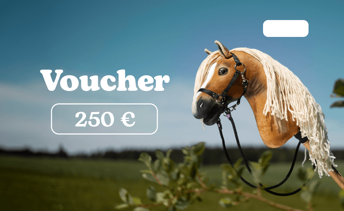 Der Hobby Horse LarDen Gutschein 250 € zeigt ein beiges Hobby Horse mit weißer Mähne im Freien, „€250 Voucher“ in Weiß vor blauem Himmel und unscharfer Landschaft. Geliefert als Electronic PDF, ideal als Geschenk.