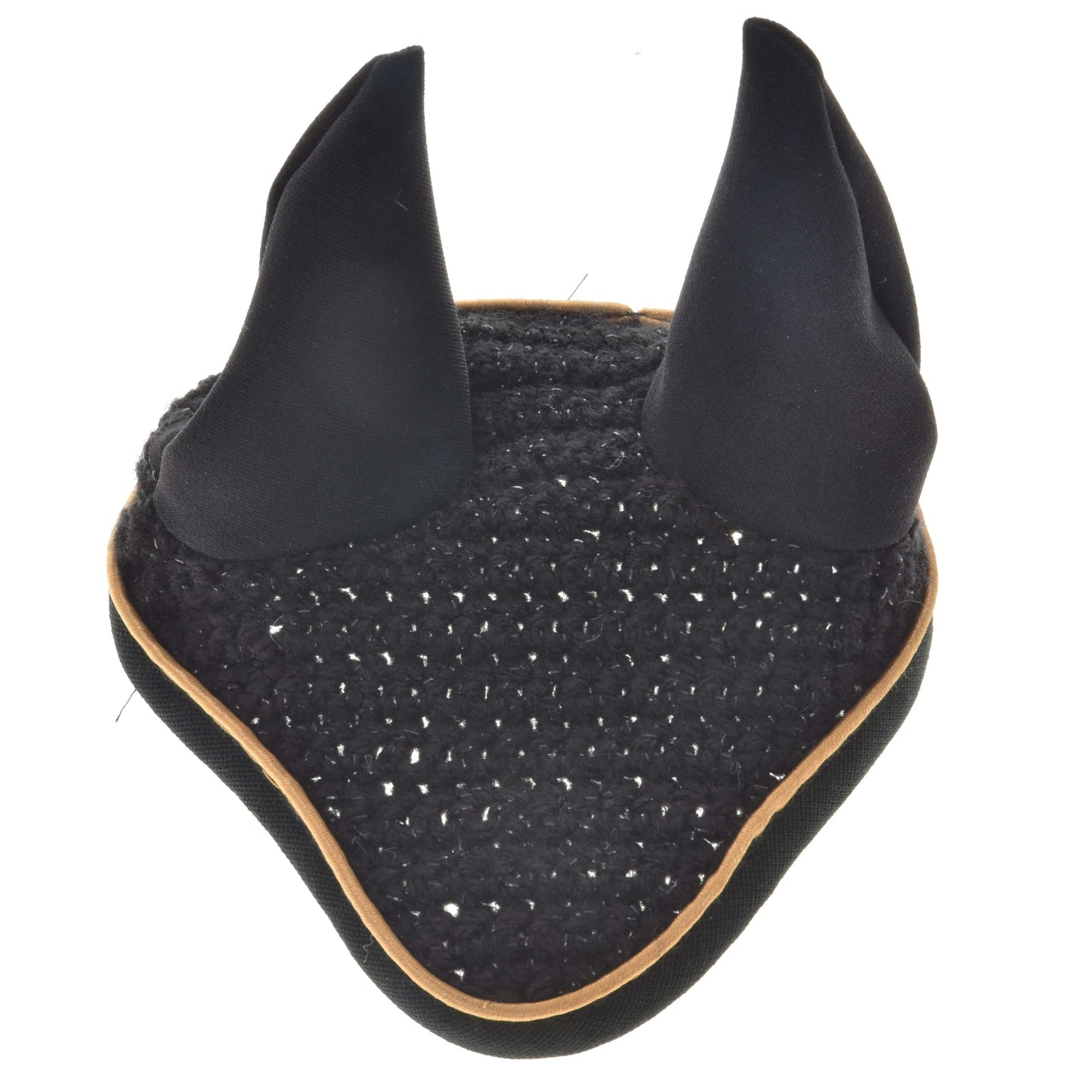 Bonnet d’oreilles au crochet Noir Or de Hobby Horse LarDen avec oreilles dressées en tissu et bordure beige pour une protection élégante contre les insectes, présenté sur fond blanc.