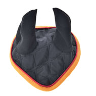 The Hobby Horse LarDen Ear Bonnet Flag DE is a quilted, heart-shaped black ear bonnet with two upright points and an orange rim, offering stylish insect protection in a playful, costume-like design.