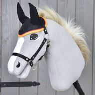 The Hobby Horse LarDen Ear Bonnet Flag DE features a realistic grey body, white blaze, black bridle, fluffy white mane, black ears with bonnet for insect protection, mounted on a stick against a wooden background.