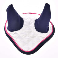 The Hobby Horse LarDen Ear Bonnet Number 1 features white quilted fabric, two dark blue ear-shaped sections, and a pink trim, resembling a classic ear bonnet for insect protection, shown against a white background.
