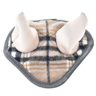 The Ear bonnet Cremo England by Hobby Horse LarDen is a soft plaid fabric pouch featuring two plush, light-colored stuffed animal legs extending from the top, resembling a hobby horse, shown on a white background.