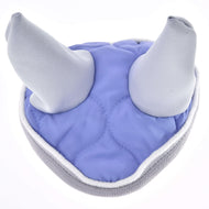 The Ear Bonnet Light Violett by Hobby Horse LarDen is a soft, light purple and gray ear bonnet with two pointed ears, quilted stitching, and white trim—ideal as a stylish accessory or fly protection for your hobby horse or horse.