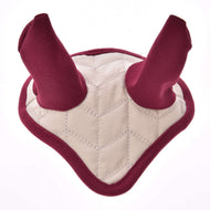 The Hobby Horse LarDen Ear Bonnet Maroon Star is a quilted, V-shaped ear bonnet with two maroon padded ear covers for insect protection, designed for Hobby Horses and shown against a white background.
