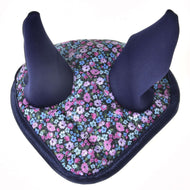 The Hobby Horse LarDen Ear Bonnet Flower features purple and blue ear fabric with a base adorned in small pink, blue, and purple flowers, providing both charming style and effective insect protection.