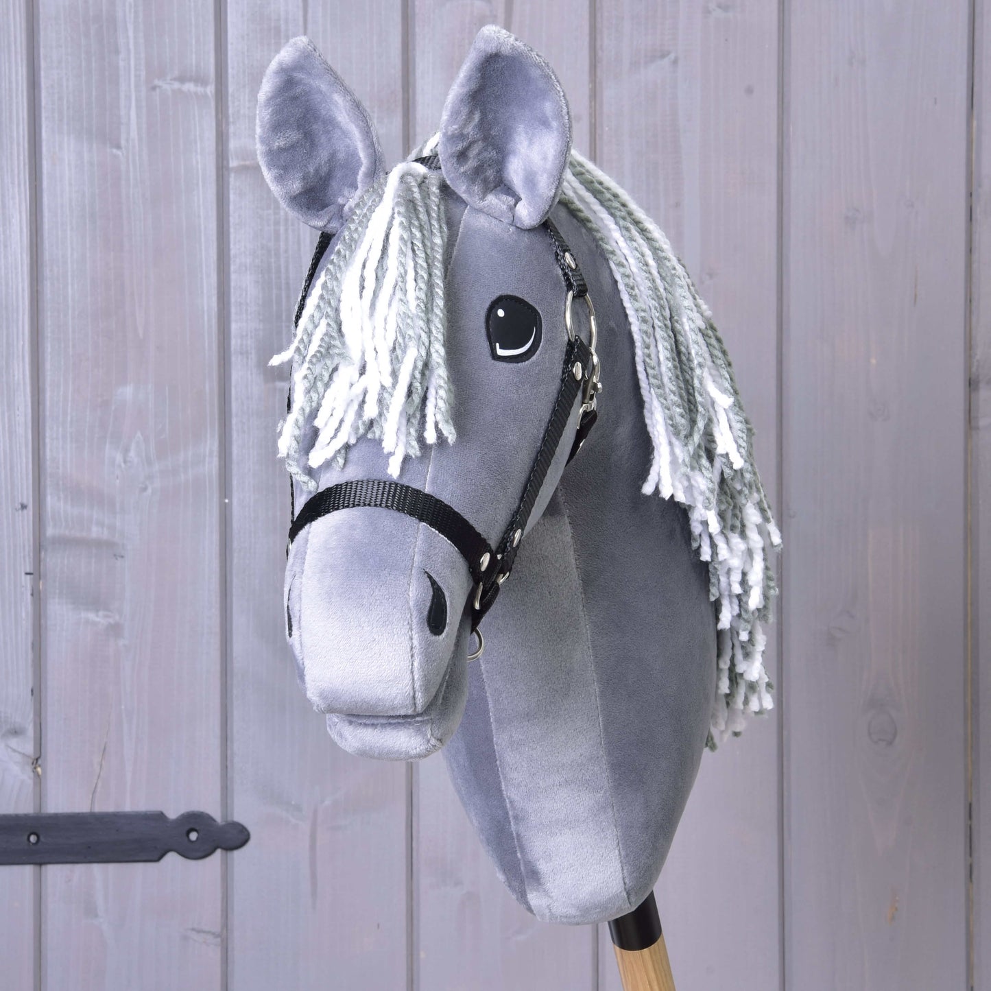Hobby Horse Calypso avec licol noir de Hobby Horse LarDen, Hobby Horse gris en peluche inspiré du Dutch Warmblood, avec crinière blanche en fil et poignée en bâton de bois, présenté devant un mur en bois gris.