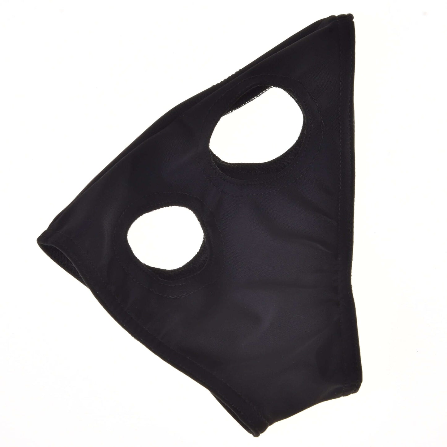 Maske ohne Ohren schwarz von Hobby Horse LarDen ist eine schwarze Maske aus PES-Stoff mit zwei großen Augenöffnungen, die den unteren Gesichtsbereich bedeckt und die Augen frei lässt, vor weißem Hintergrund.