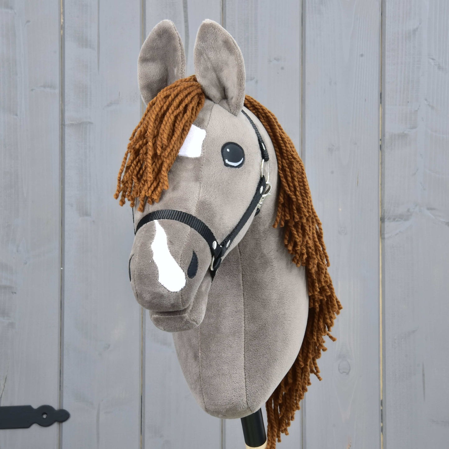 Hobby Horse Chanell avec licol noir de Hobby Horse LarDen, avec robe grise, crinière en fil brun, taches blanches sur le visage et grands yeux expressifs, présenté devant un fond en bois gris.