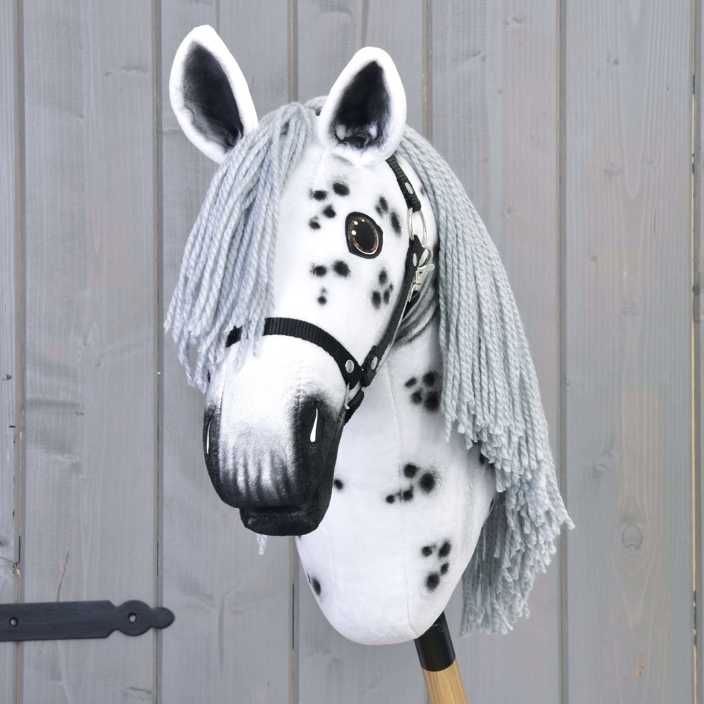 Hobby Horse Chantal avec licol noir de Hobby Horse LarDen, jument artisanale inspirée de la race Knabstrupper, avec visage blanc, pois noirs, longue crinière grise et montée sur un bâton en bois devant un mur gris.