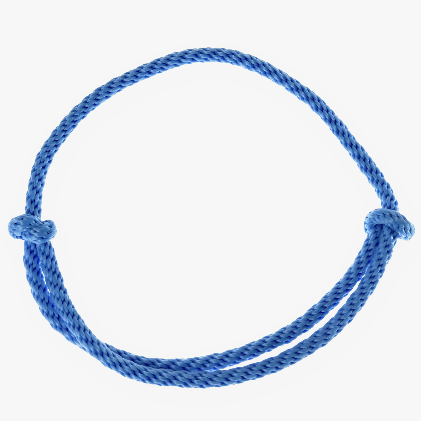 Cordéo Ciel de Hobby Horse LarDen, cordéo artisanal en corde tressée bleue formant une boucle fermée simple avec deux nœuds sur les côtés opposés, présenté sur fond blanc. Idéal pour monter avec Hobby Horse ou sans mors.