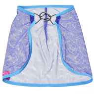 The Hobby Horse LarDen Fly sheet is a blue mesh cape with light blue trim and two black rings at the neckline, shown flat on a white background. A small pink tag decorates the bottom left corner—ideal for hobby horse play.