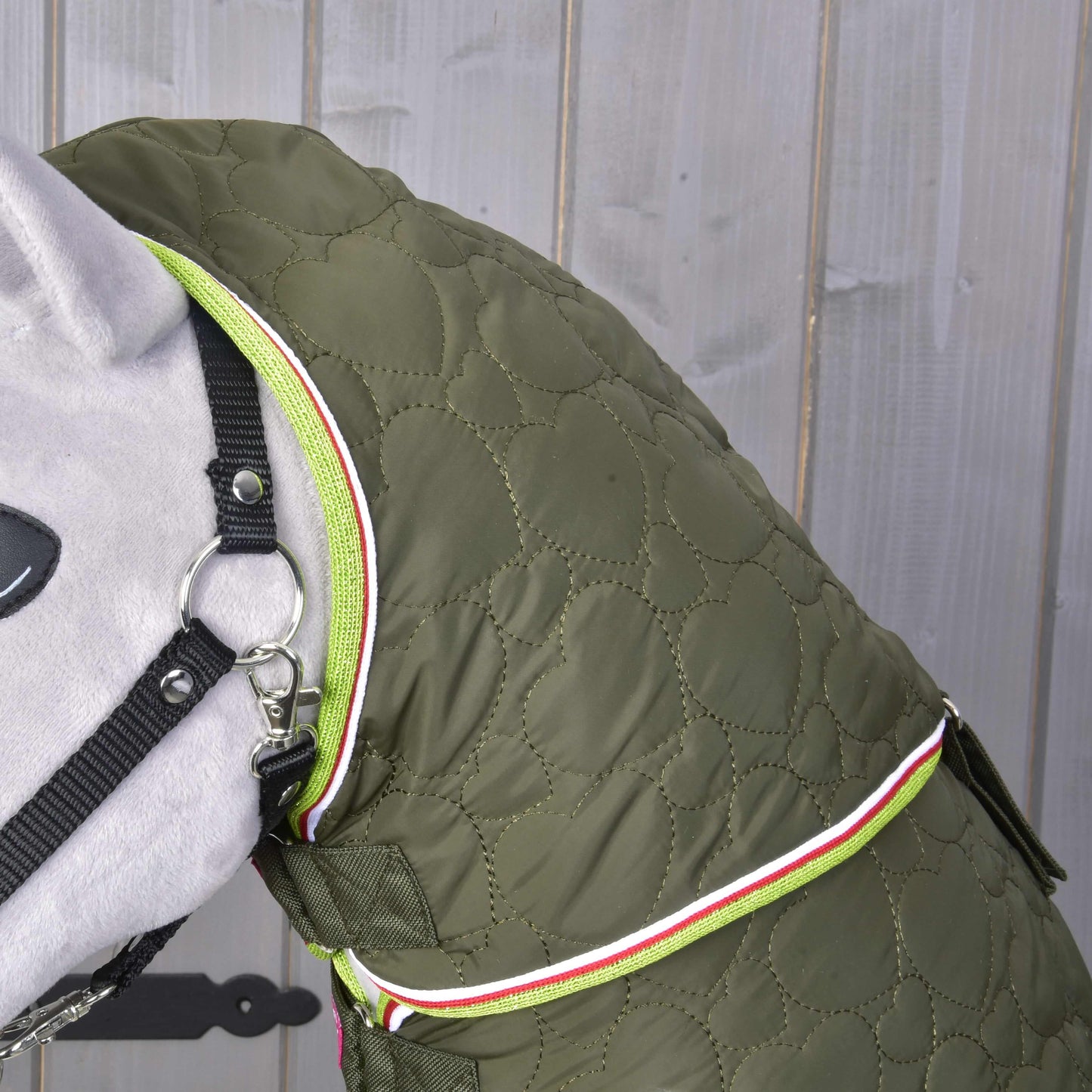 Nahaufnahme eines Hundes mit der Decke mit abnehmbarem Halsteil Rubby von Hobby Horse LarDen in Olivgrün mit neongrünem Reißverschluss und weiß-rotem Besatz, vor grauem Holz-Hintergrund.