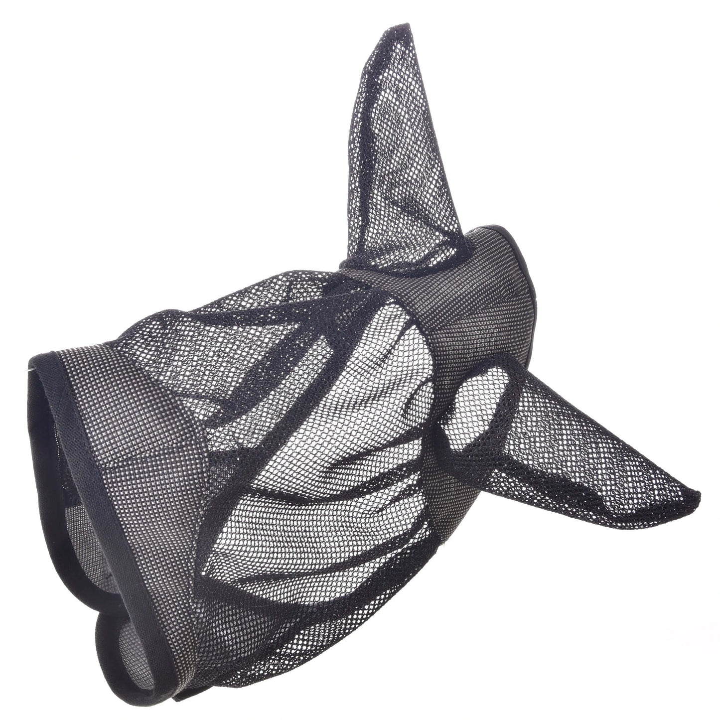Masque anti-mouches De Luxe Gris de Hobby Horse LarDen, masque anti-mouches en maille lavable pour chevaux, avec tissu formant des oreilles d’animal et des pointes pour protéger le visage des insectes. Présenté isolé sur fond blanc.