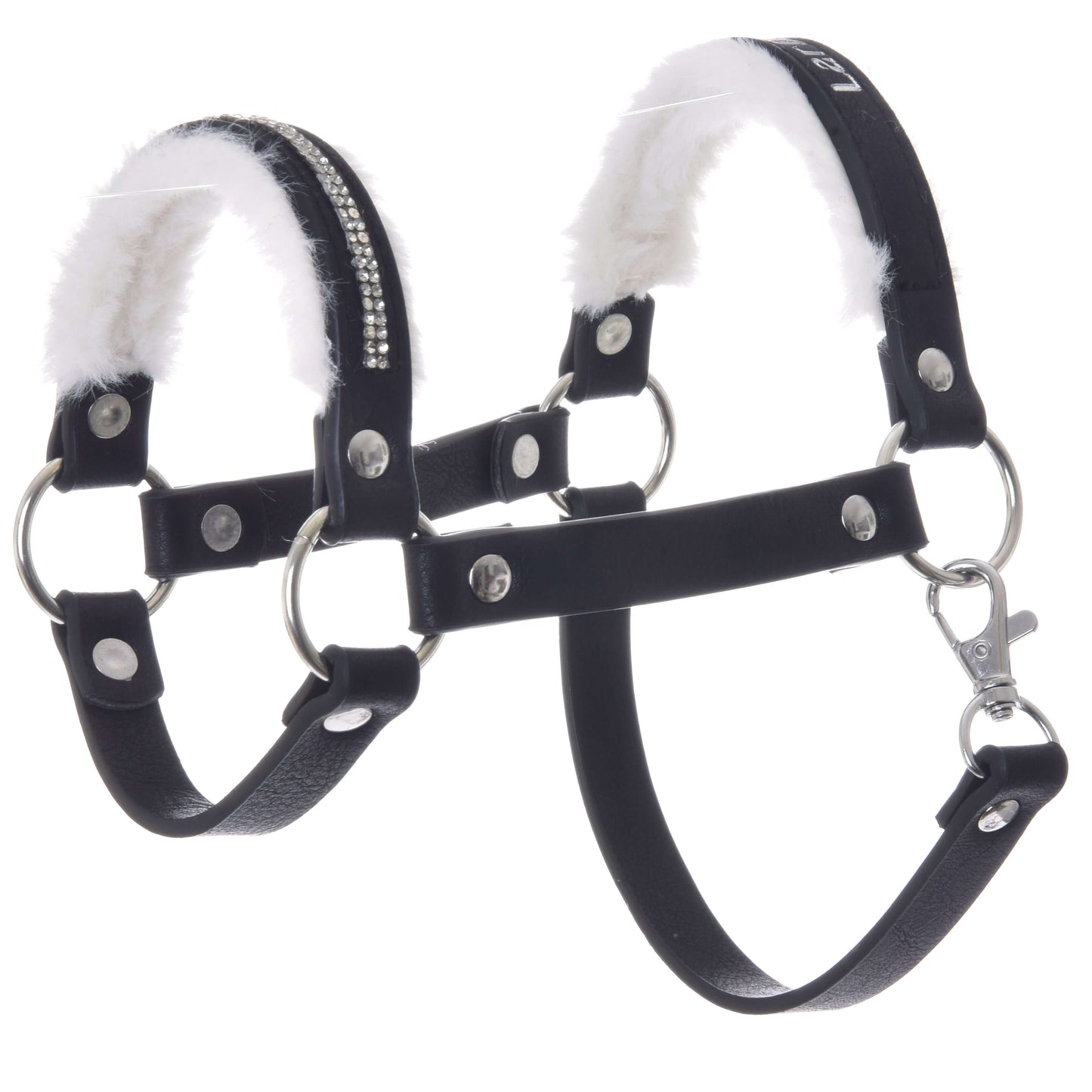 The Halter with fur - leatherette Espresso by Hobby Horse LarDen is a black leatherette pet harness with silver studs, metal rings, soft white faux fur lining, and rhinestones, inspired by hobby horse halter designs for comfort and security.