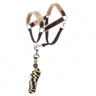 The Hobby Horse LarDen "Set LarDen Exclusive Braun" features a beige and brown luxury halter with adjustable straps, metal rings, a soft fleece noseband, and a braided black and yellow lead rope, shown on a white background.