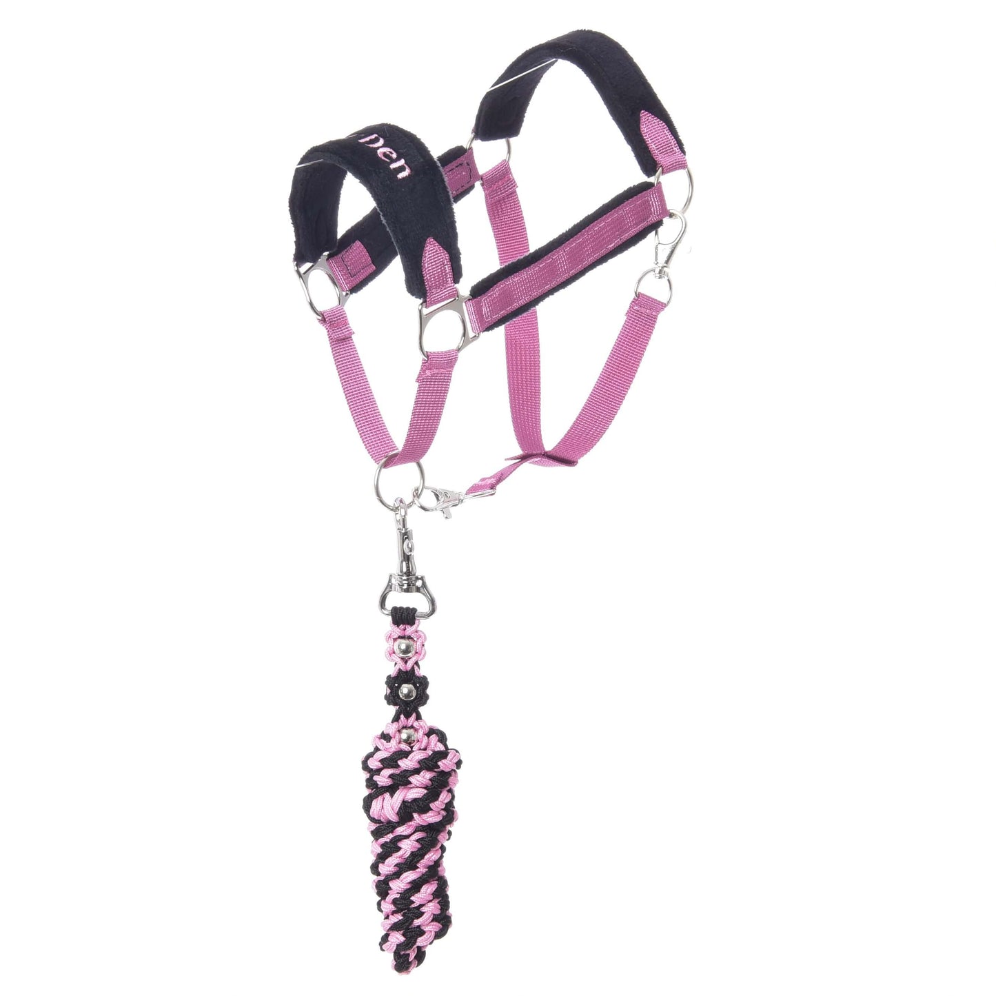 Set LarDen Exclusive Pink von Hobby Horse LarDen mit Halfter für Hobby Horse in Pink und Schwarz mit weichem Fleece-Nasenriemen, silberfarbenen Metallringen und passendem geflochtenem Führstrick, vor weißem Hintergrund.