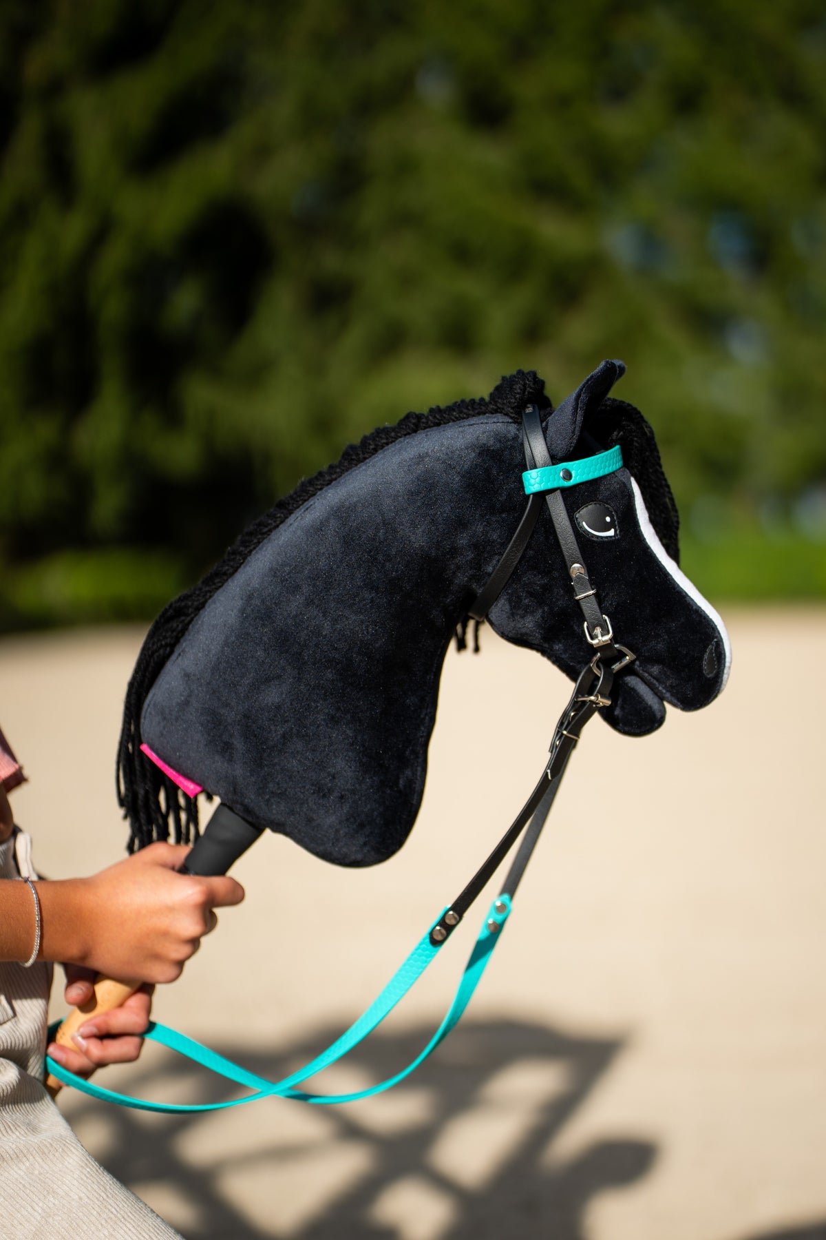 Schwarzes Plüsch-Hobby Horse mit türkisem und schwarzem Kunstleder-Zaumzeug und Zügeln im Freien