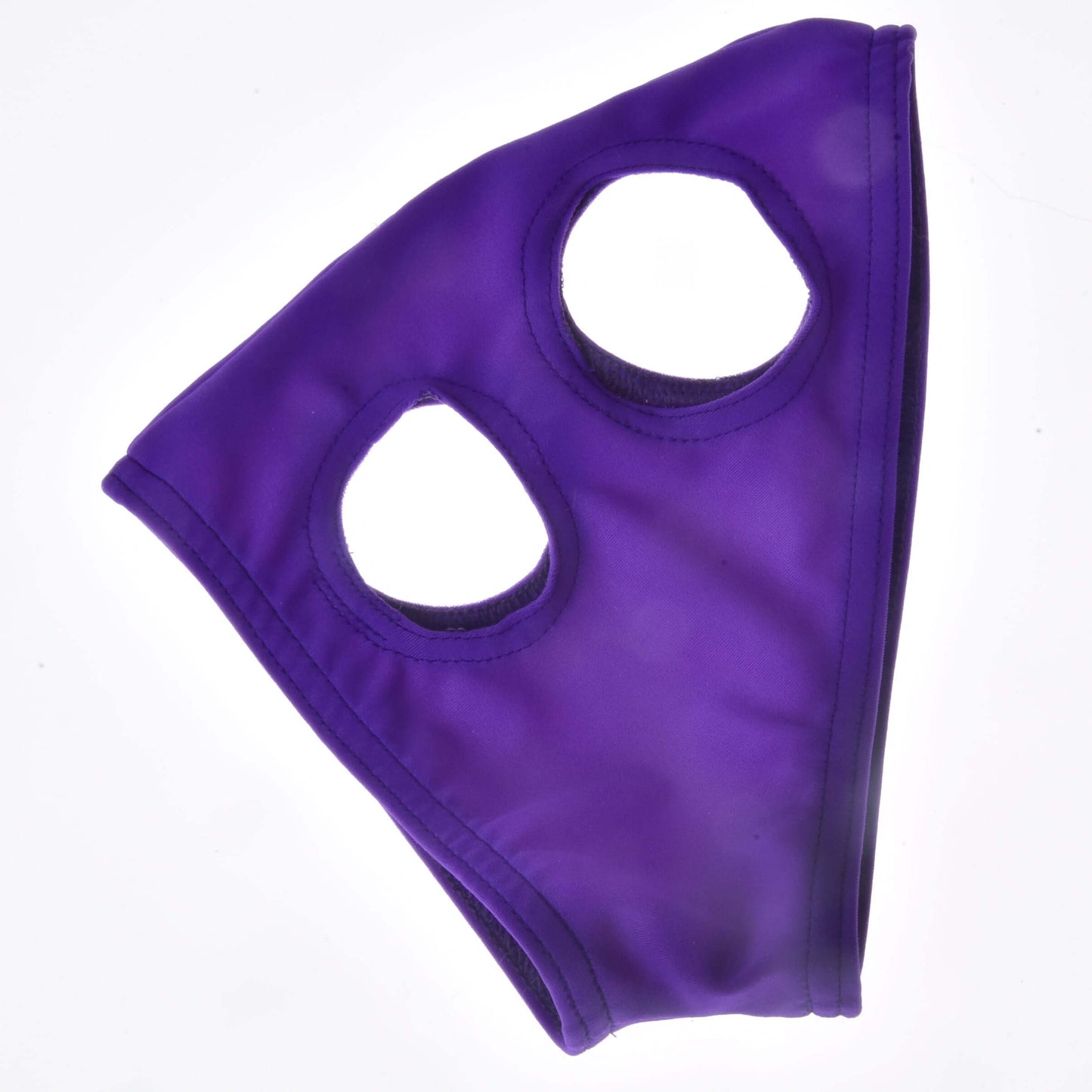 Maske ohne Ohren Indigo von Hobby Horse LarDen, aus waschbarem PES mit zwei großen runden Öffnungen, flach liegend vor weißem Hintergrund.