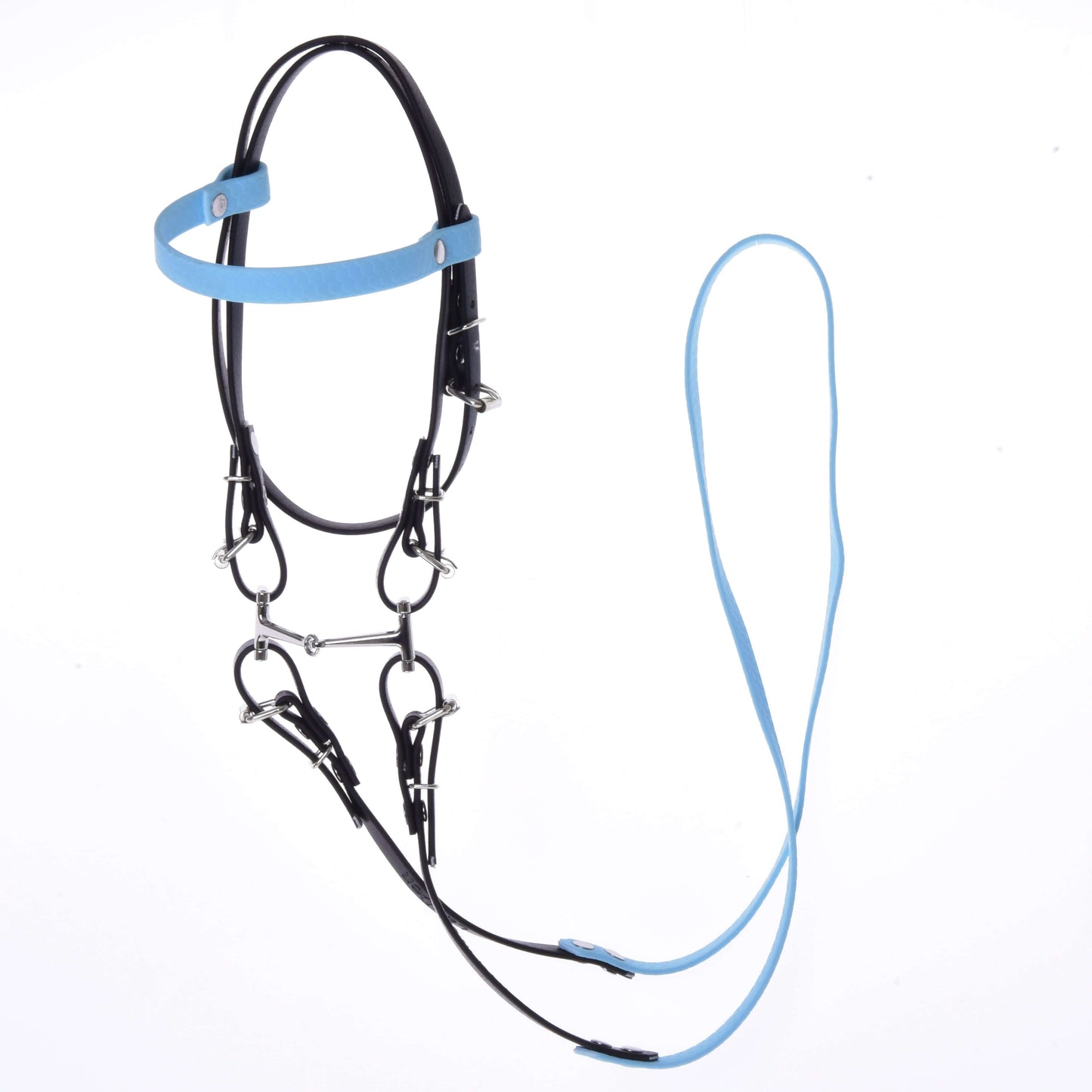 Hobby Horse LarDen Komplettes Zaumzeug ohne Nasenriemen Light Blue ist ein Zaumzeug aus schwarzem und hellblauem Kunstleder mit Metallschnallen und -ringen sowie abnehmbaren Zügeln, vor weißem Hintergrund.