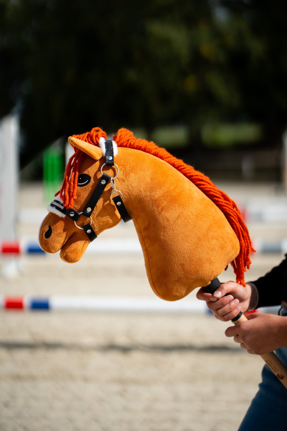 Kopf und Hals des Hobby Horse Little Angel mit schwarzem Halfter von Hobby Horse LarDen werden auf einem Sandplatz hochgehalten, dahinter unscharfe Sprungstangen – Fuchs-Plüsch, leuchtend rote Garnmähne – hier mit dem Espresso Fellhalfter aus Kunstleder