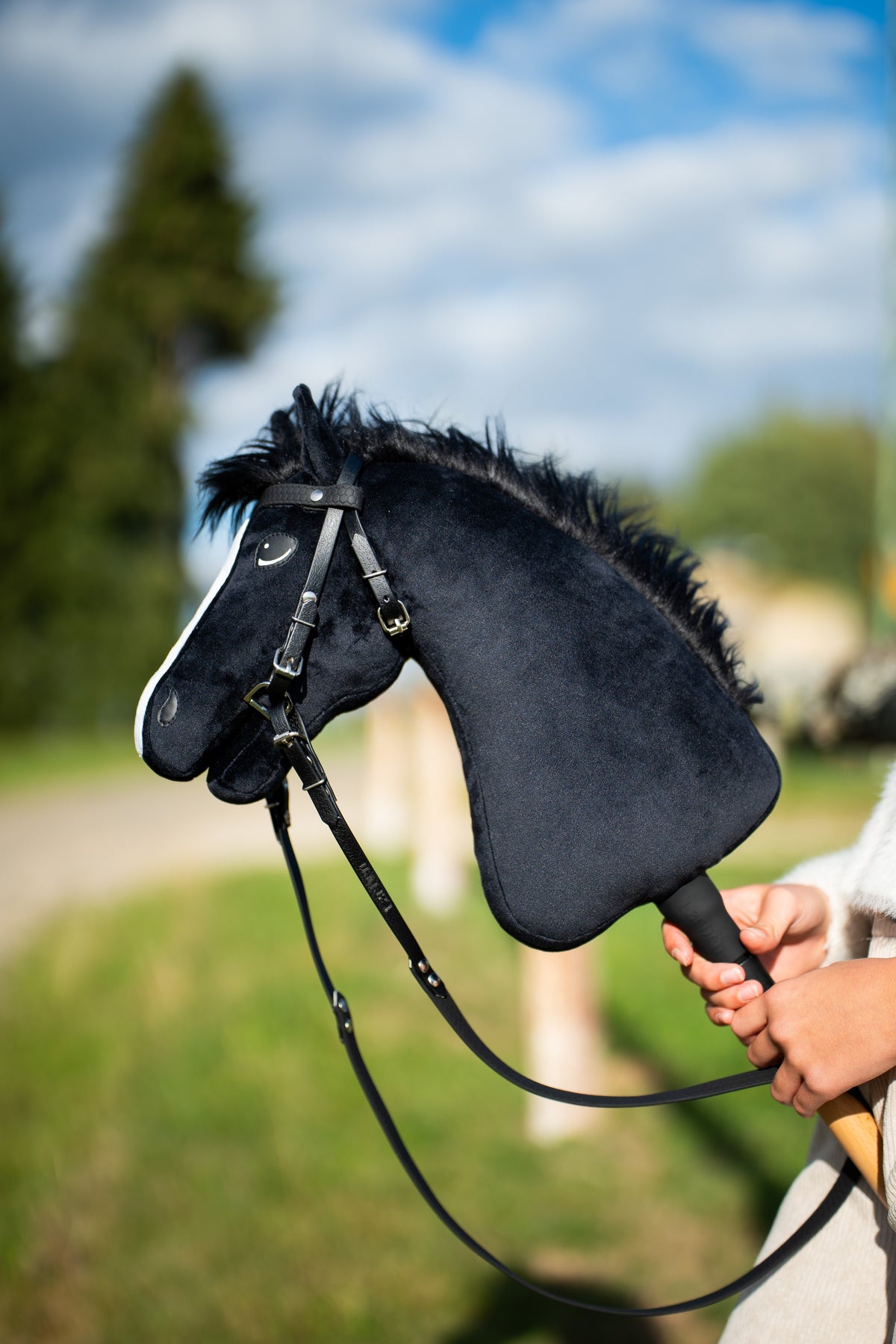 Kopf und Hals des Hobby Horse Loki mit schwarzem Halfter von Hobby Horse LarDen auf einer Wiese unter blauem Himmel – schwarzer Plüsch, weiße Blesse, schwarze Garnmähne – mit vollständigem Pure Black Zaumzeug ohne Reithalfter