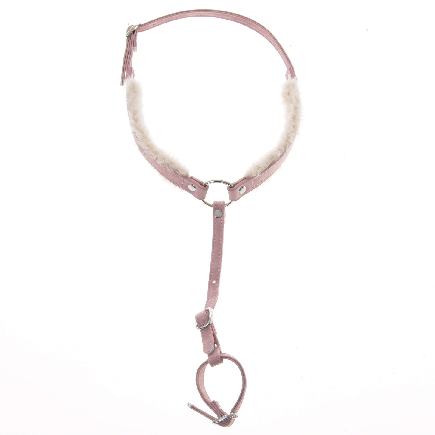 The Hobby Horse LarDen Breastgirth with fur Mullbery is an adjustable, fur-padded breastgirth for equestrian or animal use, shown on a white background and perfectly complements a pink leather headcollar.