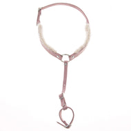 The Hobby Horse LarDen Breastgirth with fur Mullbery is an adjustable, fur-padded breastgirth for equestrian or animal use, shown on a white background and perfectly complements a pink leather headcollar.