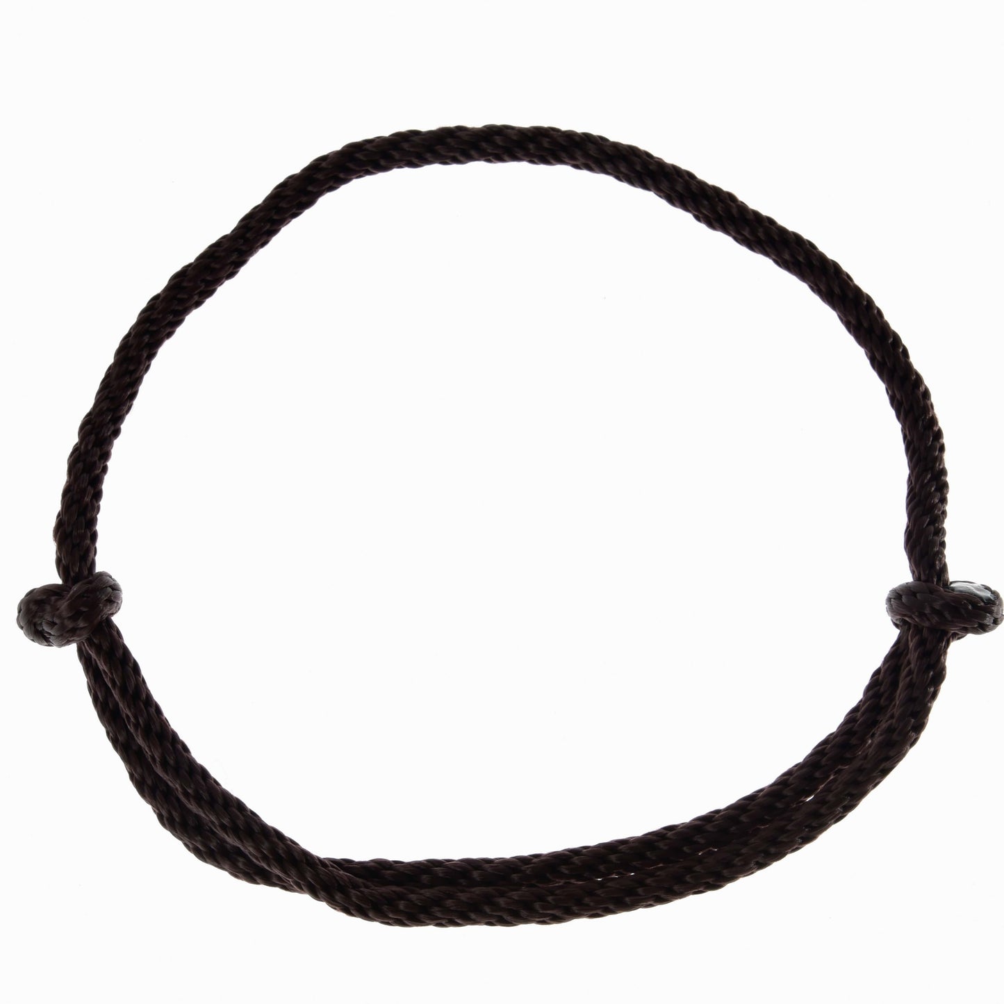 Cordéo Chocolat de Hobby Horse LarDen, corde simple en polypropylène foncé nouée en cercle avec deux nœuds sur des côtés opposés, présentée sur fond blanc uni.