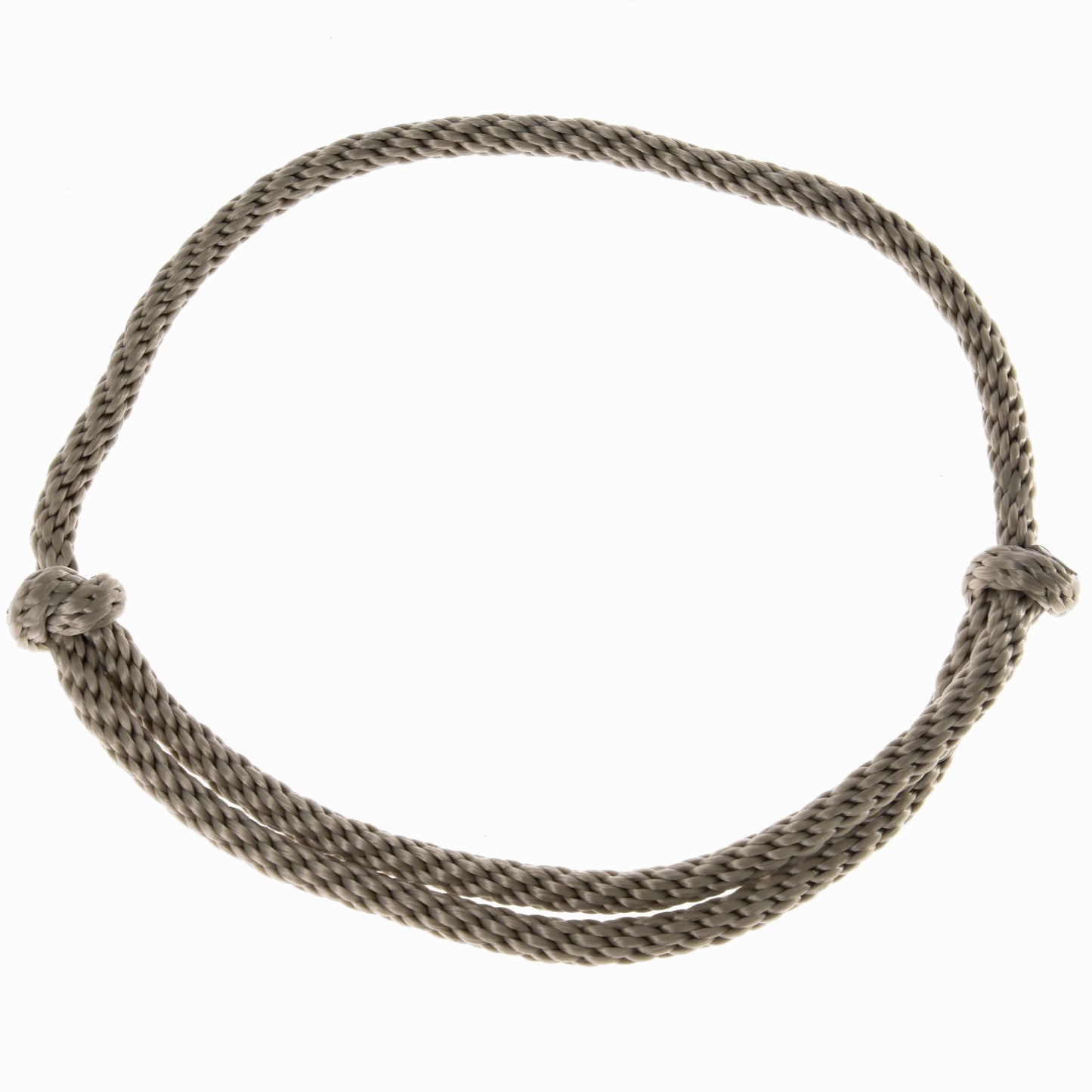 Der Halsring Eleganza von Hobby Horse LarDen ist ein graues Seil mit Knoten an beiden Enden, zu einer ovalen Schlaufe für das Reiten ohne Zaumzeug gebunden, vor weißem Hintergrund.