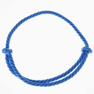 The Cordeo Sky by Hobby Horse LarDen is a blue braided rope handmade cordeo in a simple closed loop with two knots on opposite sides, shown on a white background. Ideal for hobby horse riding or bitless riding.