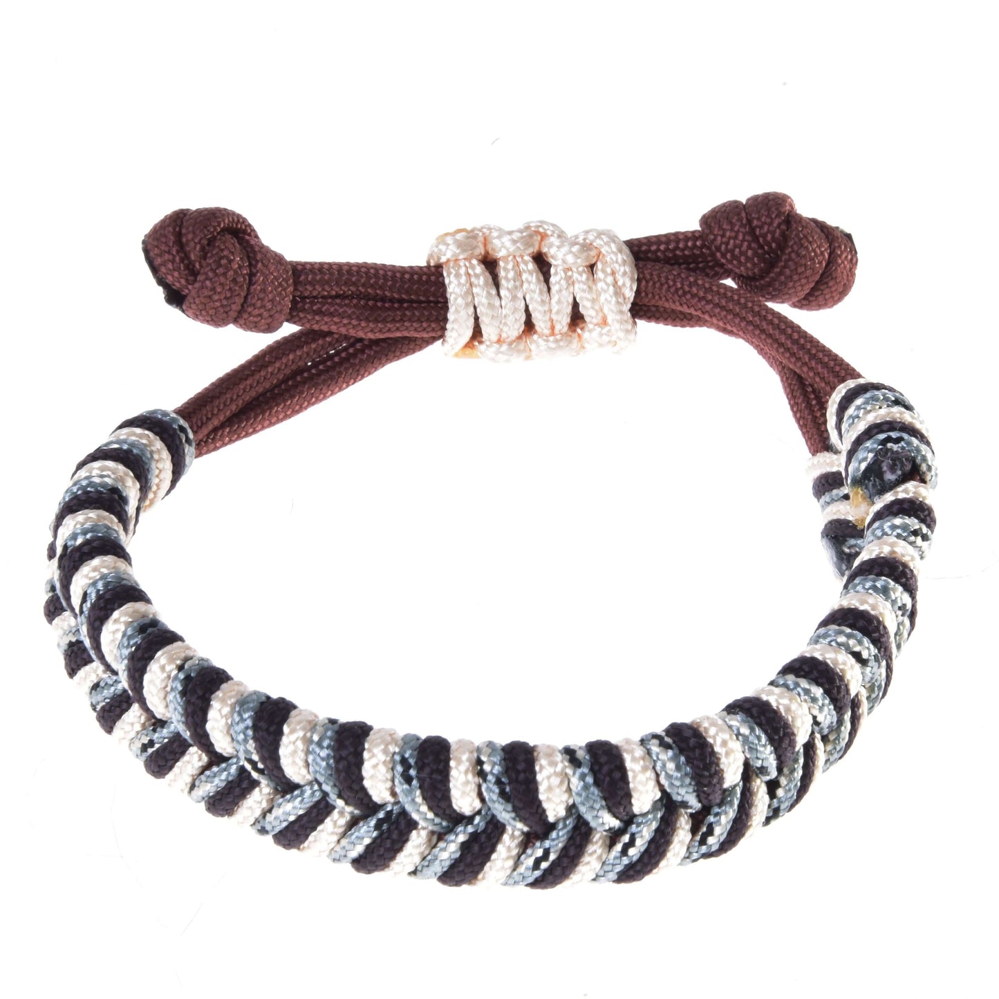 The Bracelet Chocolatte by Hobby Horse LarDen features brown, black, and white braids in an intricate woven pattern with a knotted adjustable closure.