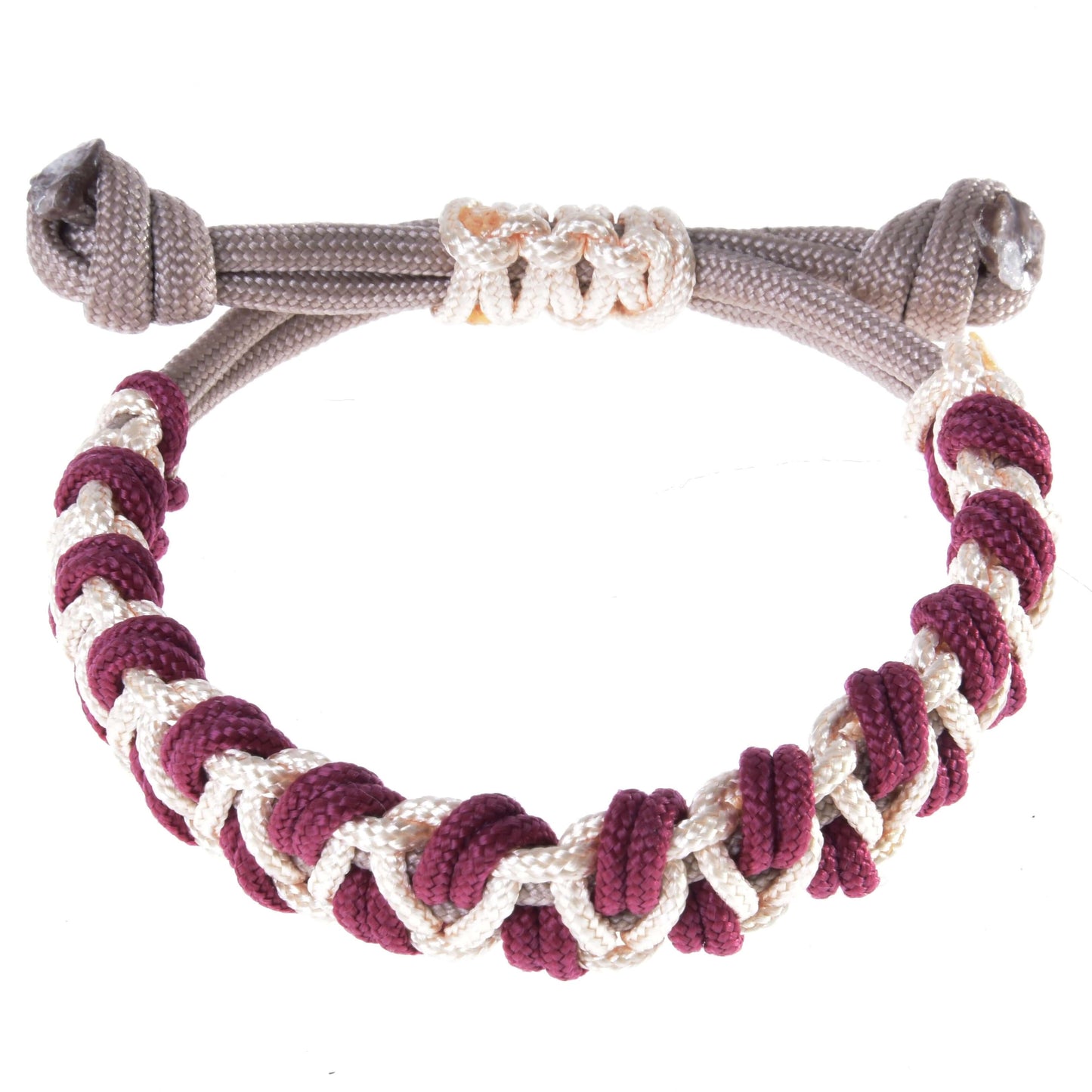 The Bracelet Eleganza by Hobby Horse LarDen features maroon and white braided cords with gray adjustable ends in a thick, textured knotted design—an ideal accessory for rope set craft fans and hobby horse enthusiasts.