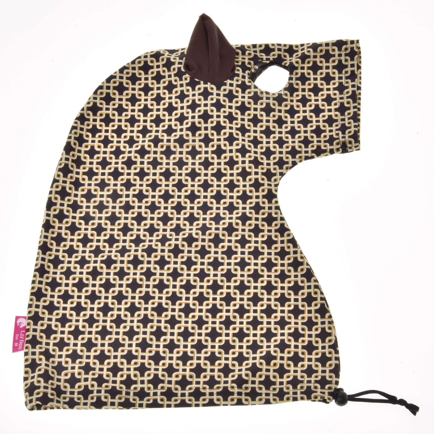 Combinaison de protection Hobby Horse Design Luxe de Hobby Horse LarDen, sac de luxe en forme de tête de cheval avec motif géométrique marron et crème, oreille marron, ouverture pour l’œil et fermeture à cordon lavable, idéal pour les fans de Hobby Horse.