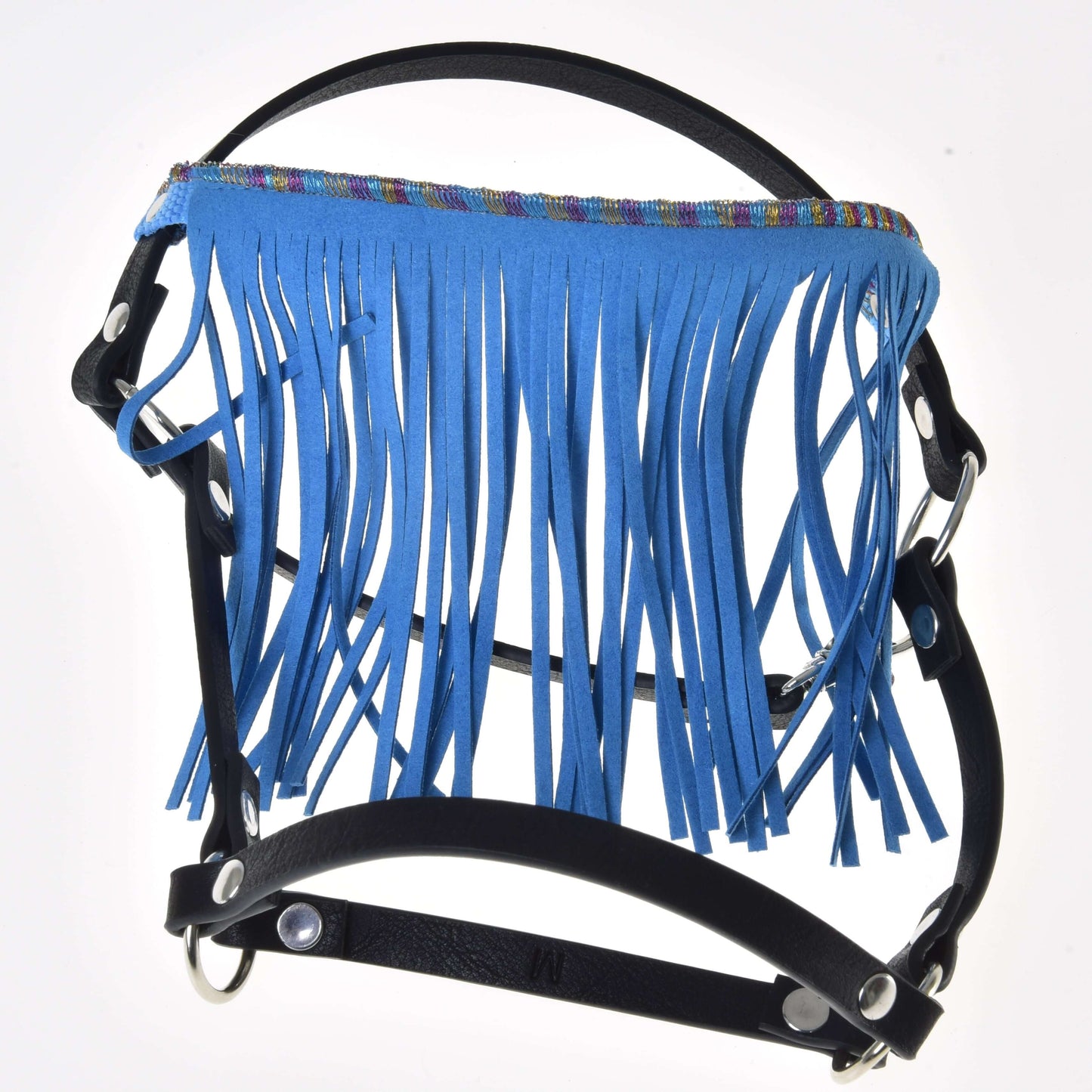 The Hobby Horse LarDen Halter black with blue fringes is a leather accessory for hobby horses, featuring a multicolored band along the top and displayed against a white background.