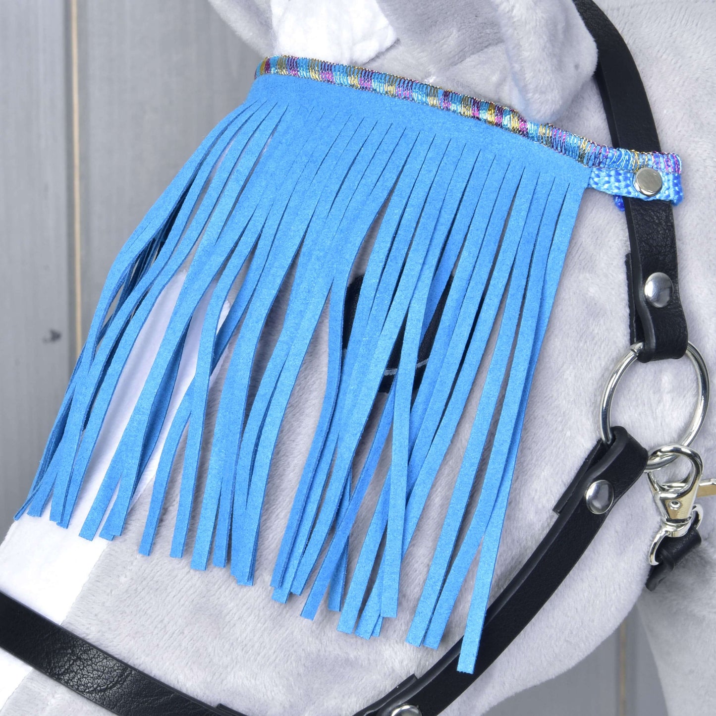 A close-up of a horse wearing the Hobby Horse LarDen Halter black with blue fringes, featuring a rainbow-trimmed fly fringe to keep flies away from its eyes, set against a light wooden wall.