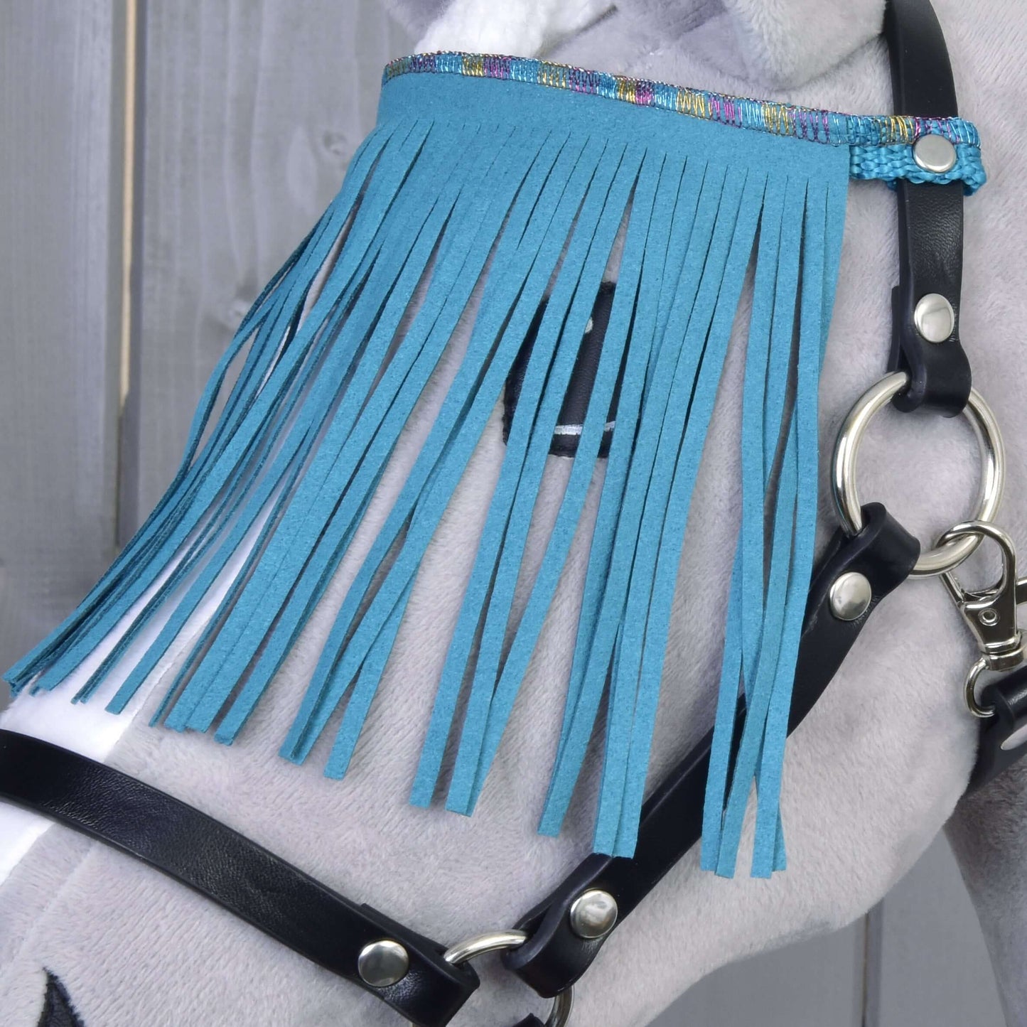 Gros plan sur un cheval portant le licol noir avec franges turquoise de Hobby Horse LarDen, devant un fond de mur en bois.