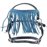 The Hobby Horse LarDen Halter black with turquoise fringes features a beaded detail and decorative fringe along the top, offering both style and function for hobby horse enthusiasts.
