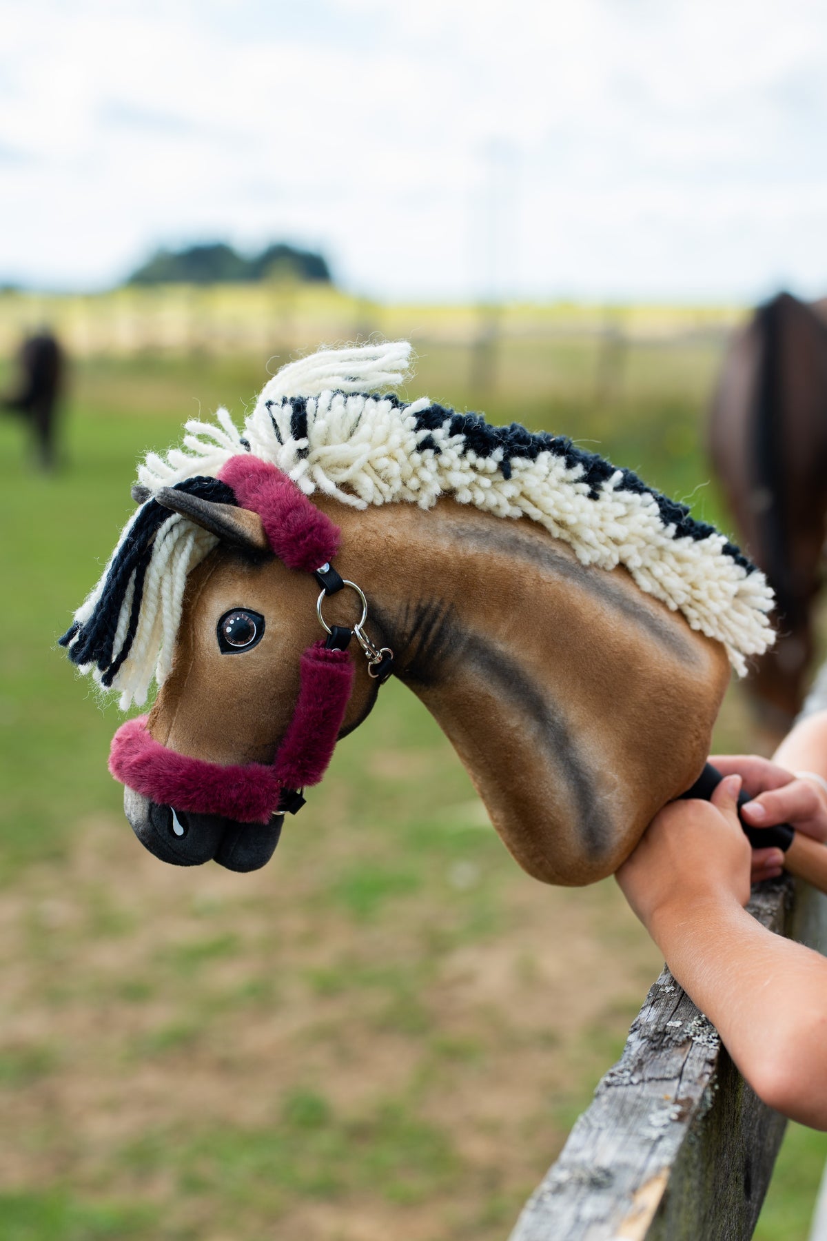 Hobby Horse Ozzy mit Black Halter im Freien, mit bordeauxfarbenem Plüschhalfter und creme-schwarzer Garnmähne