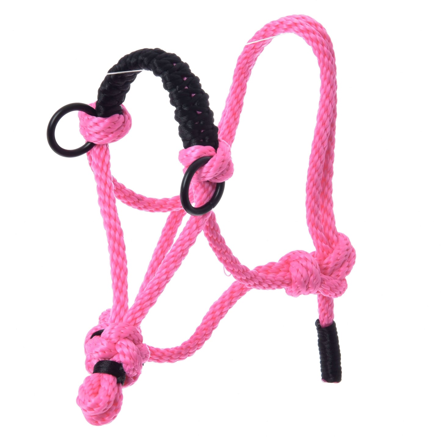 The Rope halter Pink by Hobby Horse LarDen features black accents, metal rings, and is made from braided rope with adjustable knots and loops for a perfect fit as a hobby horse accessory.