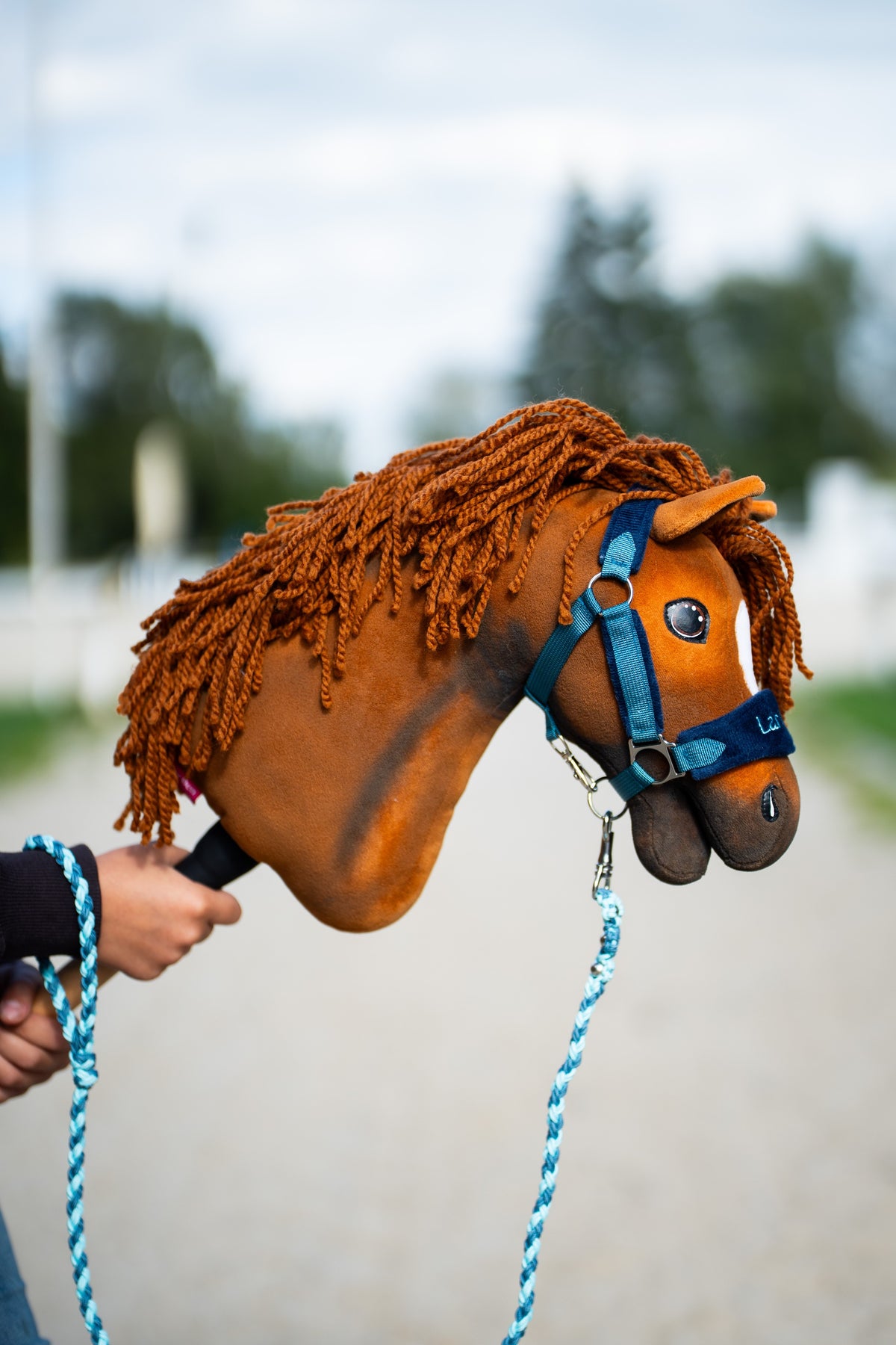 Hobby Horse Lead Rope Bloom Blue attached to a chestnut Hobby Horse with a blue halter outdoors